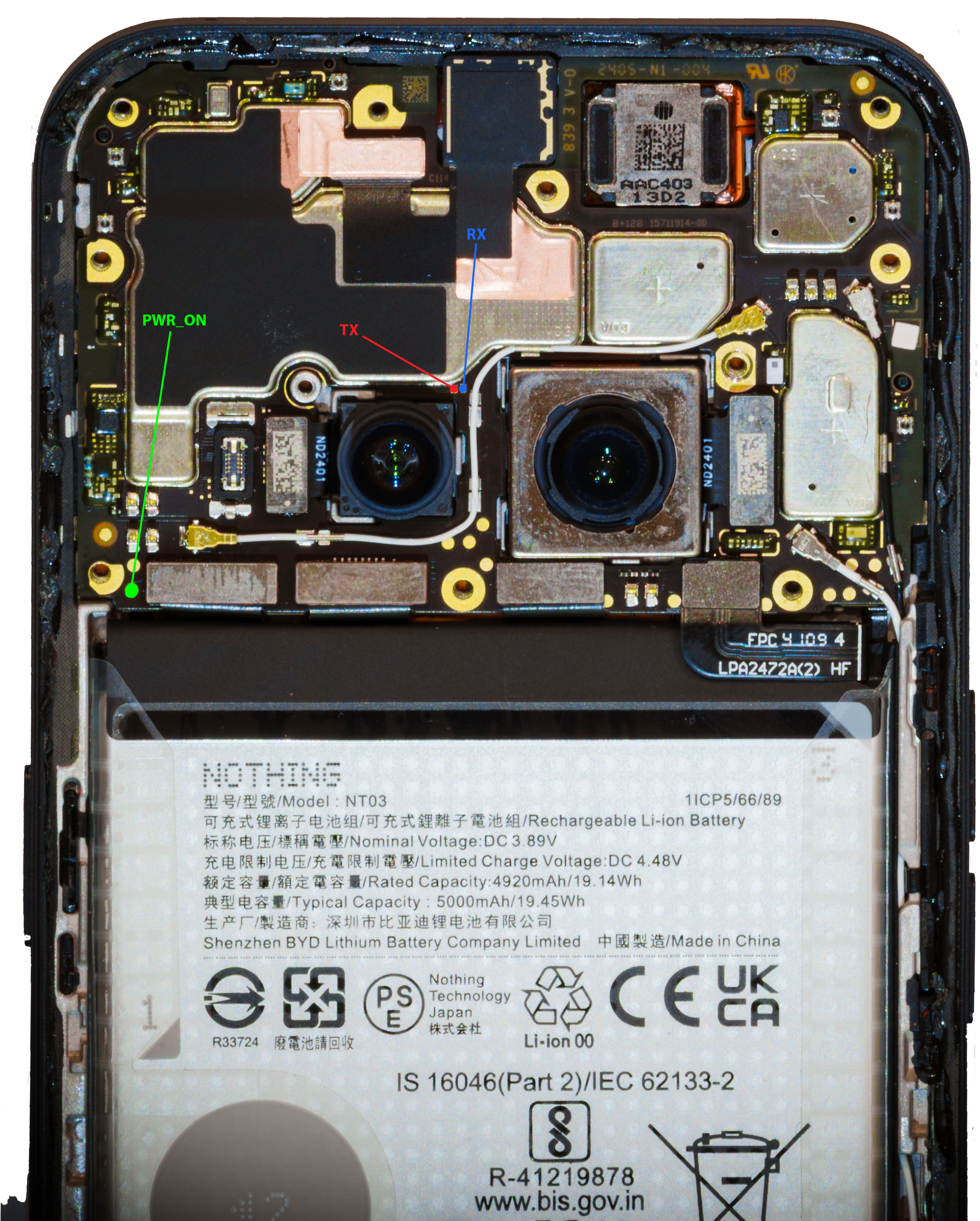 Nothing Phone 2A motherboard with UART pins labeled