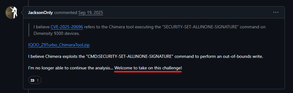 GitHub comment referencing the Chimera exploit